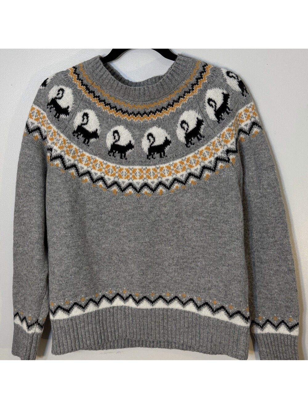 Gray Fair Isle Halloween Black Cat Novelty Knit Sweater EUC Fall Cute Medium